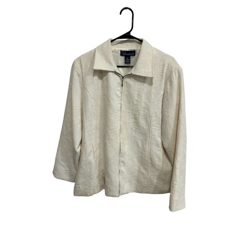 Susan Graver Style Full Zip Textured Long Sleeve Jacket Cream Sz XL Retro